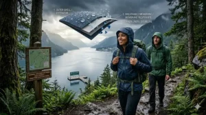 Sustainable materials diagram for a waterproof rain jacket featuring recycled bottle yarn and PFC-free eco-DWR construction.