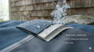Illustration of a waterproof rain jacket with high-visibility reflective elements designed for cycling safety in low-light rainy conditions.