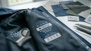 A packable waterproof rain jacket folded into a self-stowing pocket pouch, displayed on a rock at a Canadian lakeside campsite.
