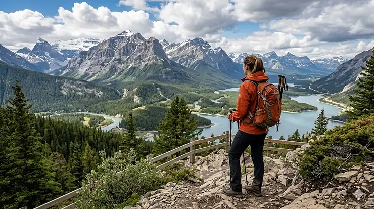 A hiker wearing a bright orange technical packable rain jacket stands at a scenic viewpoint overlooking a winding mountain valley and blue lakes in the Canadian Rockies.