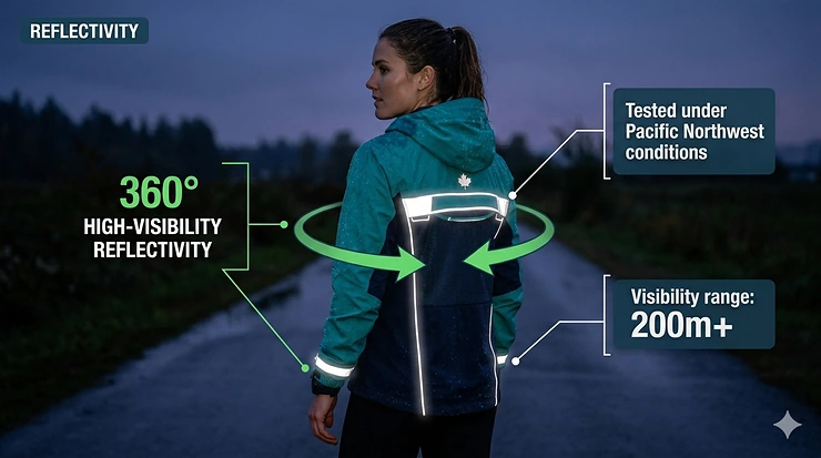 A marathon runner wearing a lightweight waterproof breathable rain jacket for running along a misty, pine-lined trail in Vancouver, British Columbia.