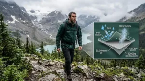 Illustration of moisture vapor escaping a 20000mm jacket while trekking in the Canadian Rockies, balancing waterproofing and breathability.