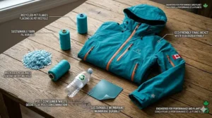 Illustration highlighting the sustainable, recycled materials used to manufacture a high-performance waterproof rain jacket for hiking in Canada.