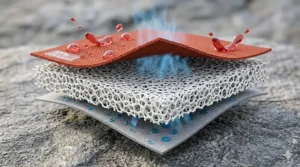 A 4K photorealistic technical cross-section showing an eVent fabric rain jacket's 3-layer construction, including the intricate microporous membrane and direct venting process against a rugged rock background.