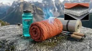 A photorealistic 4K illustration of a female hiker weathering a fierce Atlantic storm on a rugged Newfoundland coastline wearing a technical eVent fabric rain jacket (manteau de pluie), showing blue water vapor direct-venting through the complex pores.