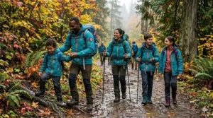 A diverse Canadian family happily trekking along a muddy trail in autumn while wearing colorful, matching waterproof rain jackets for hiking.