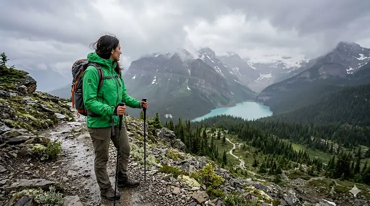 A hiker wearing a waterproof Gore-Tex rain jacket overlooks a misty Lake Louise in Banff National Park, Canada.