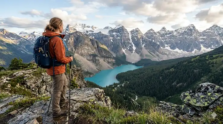 A photorealistic 4K image of a hiker overlooking Moraine Lake in the Canadian Rockies, wearing a highly detailed eVent fabric rain jacket.