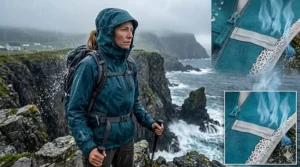 A 4K photorealistic infographic care guide chart illustrating the step-by-step sustainable washing and DWR re-application process to maintain the performance and prolong the lifecycle of an eVent fabric rain jacket in the Canadian wilderness.