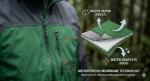 An interior view of a green waterproof jacket laid out on a wooden surface, showing the transparent PU seam tape sealing the stitched seams for complete waterproof integrity.