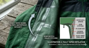 A comprehensive multi-layer diagram of a technical jacket showing the green outer shell with DWR, a microporous membrane, fine mesh internal protection, and a body-mapped core insulation system with air exchange arrows.