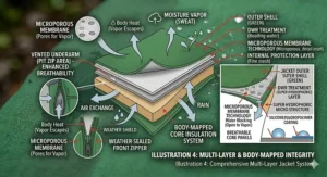 A low-angle view of the bottom hem of a green technical jacket, demonstrating the dual elastic drawstrings, a pull-to-tighten toggle mechanism, and an external pull-tab for an adaptive waist cinch.