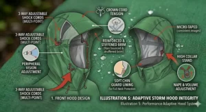 A close-up of a jacket sleeve cuff on a mossy Canadian trail, showing hook-and-loop wrist adjustments blocking rain while French and English labels diagram the internal gaiter and glove-compatible interface.
