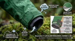 A high-detail 4K photorealistic product shot of a premium green and grey waterproof breathable rain jacket for hiking, featuring visible water droplets beading perfectly on the durable technical outer shell.
