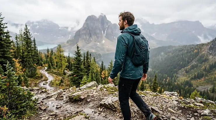 A hiker wearing a men's ultra light packable rain jacket under 200g while trekking through a misty morning on the West Coast Trail in British Columbia, Canada.