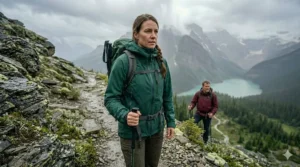 Illustration of a hiker on a trail showing heat and sweat vapor escaping through a breathable Gore-Tex rain jacket membrane.
