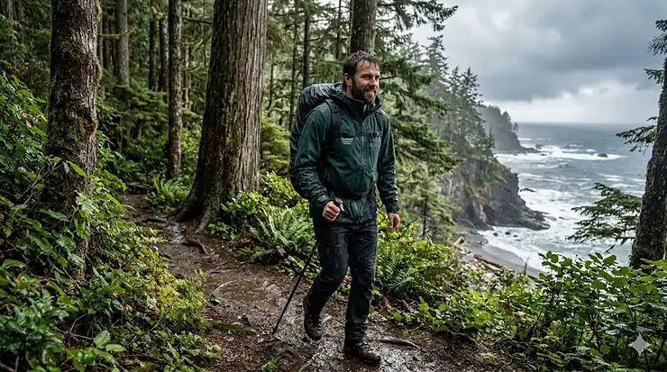 A person hiking in a heavy downpour in British Columbia wearing the most waterproof rain jacket 20000mm rated for extreme Canadian weather.
