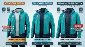 Illustration of pit zips and a mesh-lined back vent on a breathable rain jacket for running in damp Canadian weather.