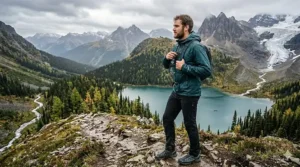 A vector illustration of a compressible, ultra light packable rain jacket under 200g stuffed into its own chest pocket, easily sliding into a small hiking daypack side pocket.