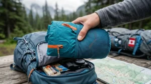 Vector illustration showing a lightweight waterproof rain jacket for hiking being folded and packed tightly into a compact travel backpack.