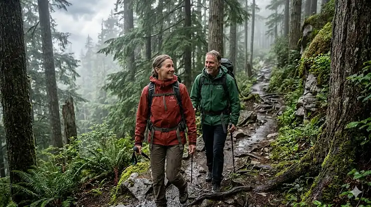 Two hikers wearing waterproof shells on the West Coast Trail, highlighting pit zip rain jacket benefits by dumping body heat during a humid, rainy trek in British Columbia.