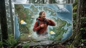 Illustration showing how pit zip rain jacket benefits help outdoor enthusiasts adapt to unpredictable, rapidly changing weather conditions across Canada.