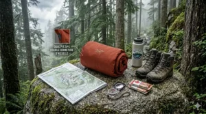 Flat-lay illustration of Canadian backpacking gear, emphasizing pit zip rain jacket benefits as a space-saving, versatile layer that replaces the need for multiple coats.