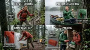 Multi-panel illustration of Canadian camping and paddling activities, showcasing the versatile pit zip rain jacket benefits across various levels of physical exertion.
