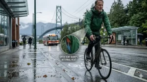 Stylized illustration of a Canadian urban commuter cycling in the rain, demonstrating pit zip rain jacket benefits by preventing sweat buildup during active transit.