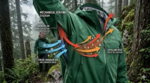 Technical vector diagram illustrating pit zip rain jacket benefits, showing how open underarm zippers allow heat to escape while maintaining water protection.