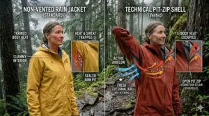 Comparison graphic highlighting pit zip rain jacket benefits versus a standard raincoat, showing how mechanical venting stops the interior clammy feeling.