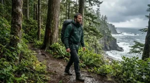 A hiker standing among giant cedars on Vancouver Island wearing a 20000mm waterproof shell during a coastal storm.