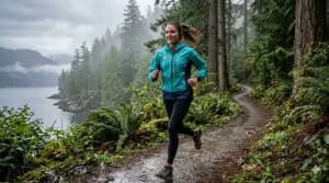 Technical diagram showing water droplets bouncing off the outer shell while heat vapor escapes through a breathable rain jacket for running.