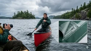 A paddler in Algonquin Park wearing a 20000mm rated jacket to stay dry during a sudden summer thunderstorm on the water.