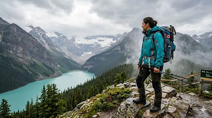 A hiker wearing a durable waterproof rain jacket for hiking while looking out over the misty mountains of Banff National Park, Alberta, Canada.