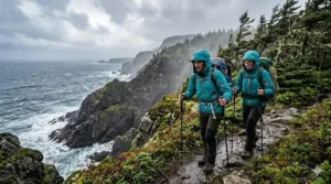 Illustration of two hikers navigating a rugged, windy cliffside on Newfoundland's East Coast Trail, protected by waterproof rain jackets.