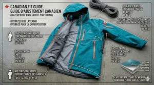 A clear Canadian sizing chart illustration for a unisex waterproof rain jacket for hiking, with measurements provided in both centimeters and inches.