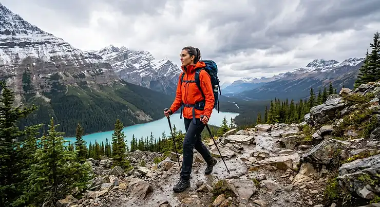 Person hiking in the rain wearing a lightweight rain jacket under 300g. Randonneur sous la pluie portant un imperméable léger de moins de 300g.