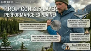 Illustration of backpack straps causing friction on a 2.5-layer jacket shell, highlighting the long-term durability cons for rugged Canadian hiking.
