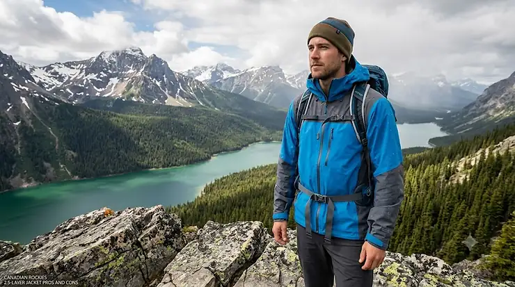 A hiker wearing a lightweight 2.5-layer rain jacket looking out over a misty Canadian mountain landscape, illustrating the pros and cons of technical outerwear. 2.5 layer jacket pros and cons