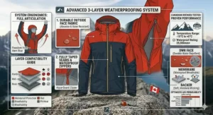 Weather resistance performance infographic for a 3 layer rain jacket for mountaineering engineered for harsh Canadian alpine environments.