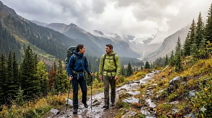 Two hikers wearing high-performance rain jackets on a misty trail in British Columbia, comparing a heavy-duty 3-layer vs 2.5-layer rain jacket in wet Canadian weather.