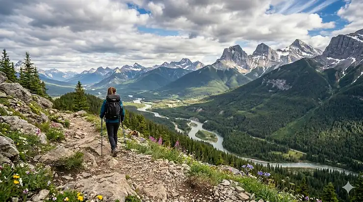 Person wearing a lightweight rain jacket hiking a misty trail in the Canadian Rockies. lightweight rain jacket for summer