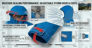 Diagram highlighting the adjustable storm hood and sealed cuffs of a high-performance 2.5 layer jacket for hiking in unpredictable Canadian weather.