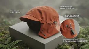 Close-up of an adjustable hood drawstring system on a high-quality rain suit.