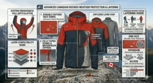 Schematic illustration of the articulated fit and overhead mobility of a technical 3 layer rain jacket for mountaineering.