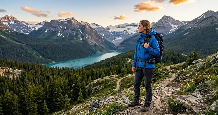 A hiker wearing a waterproof 2.5 layer jacket for hiking while looking out over the Rocky Mountains in Banff, Alberta, showcasing lightweight Canadian trail gear.