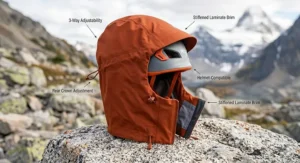 Infographic illustrating how to layer a 3 layer hardshell jacket over mid-layers for Canadian winter conditions and backcountry skiing.