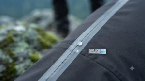 Close-up of taped seams on durable breathable waterproof pants.