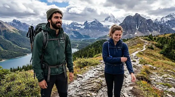 Two hikers in the Canadian Rockies wearing hardshell and softshell jackets to demonstrate the differences in outdoor gear. hardshell vs softshell jacket